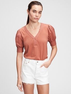 GAP Peach V-Neck Button Puff-Sleeve Top Small